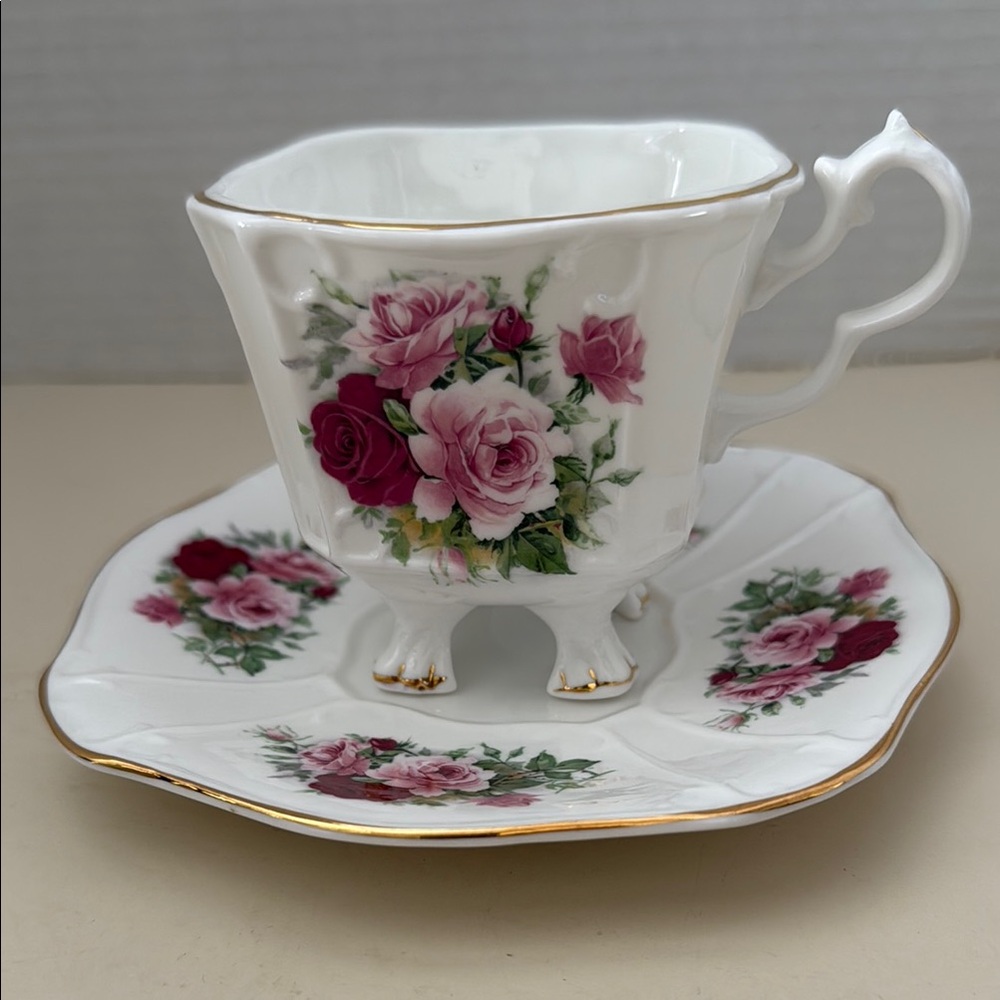 Vintage Crown Dorset Fine China Floral Gold Trim Footed Teacup and Saucer Set